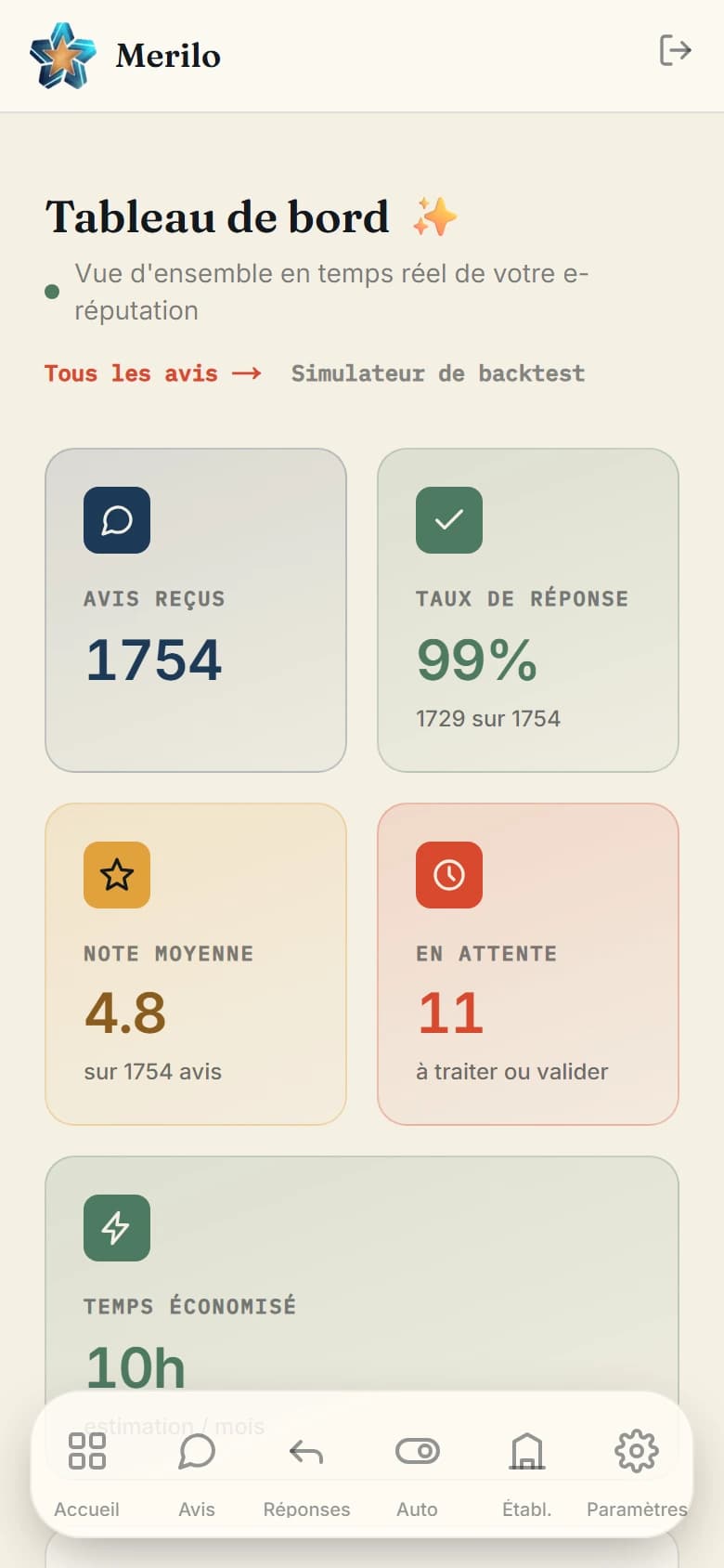 Aperçu du tableau de bord Merilo sur mobile